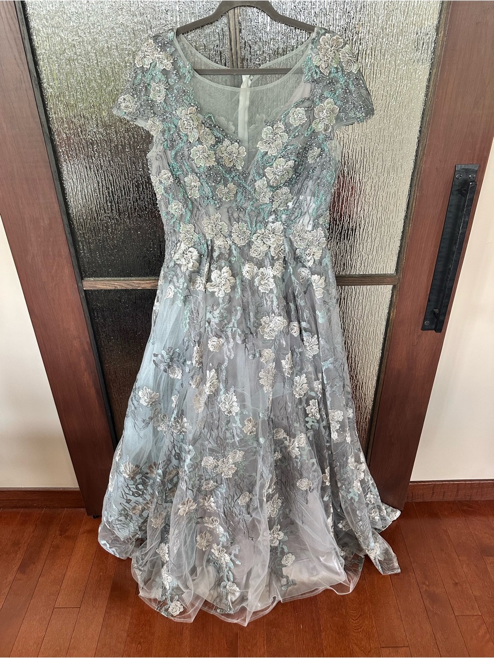 Mac Duggal Steel Blue and Silver Floral Embroidered Maxi Gown - Picture 12 of 14